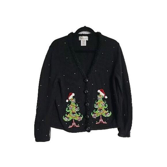 Vintage Mandal Bay Sz M Black Whimsy Button Christmas Tree Cardigan Ugly Sweater - Picture 1 of 8